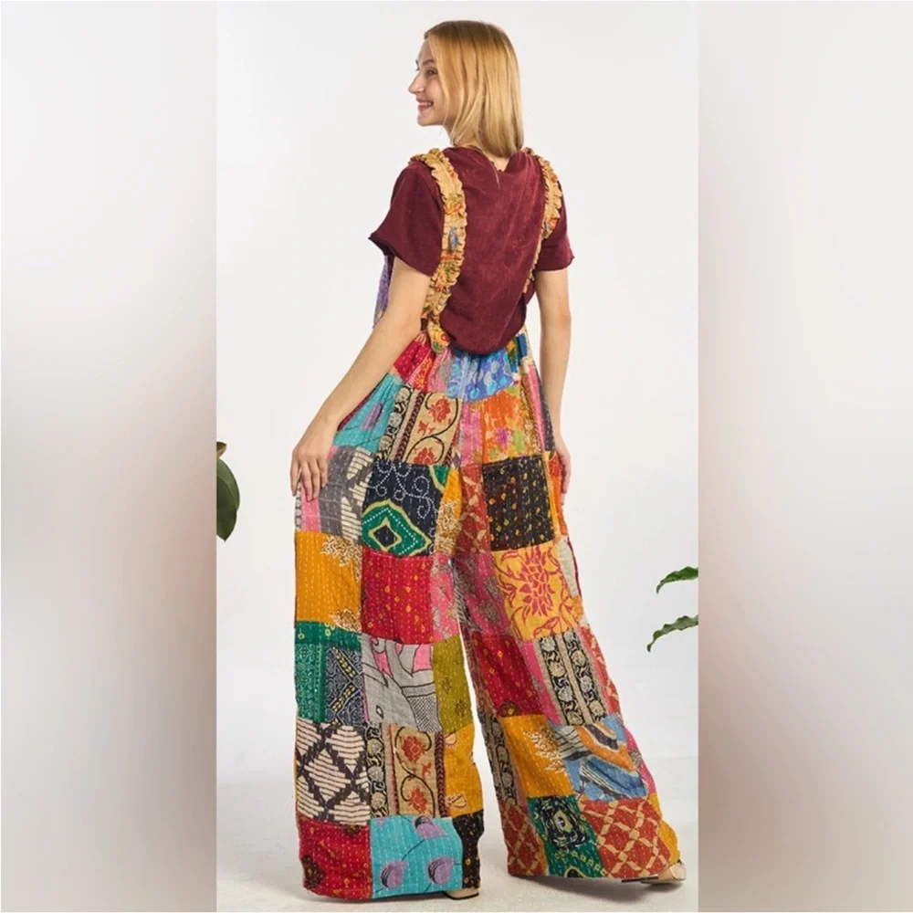 New Clara Cotton Jumpsuit Kantha “Patchwork” Overalls in Multicolor Prints